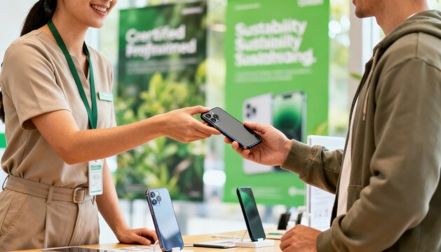 Medium shot of a reseller staff member handing a certified refurbished phone to a customer green promotional posters blurred in the background showing sustainability messages.