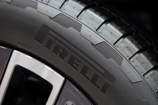 Close up of Pirelli logo on vehicle tire sidewall. Toronto, Canada - February 19, 2026.