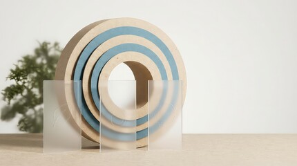 Obraz premium ESG sustainability report banner with concentric recycled paper rings and frosted acrylic panels, abstract circularity background for business presentation