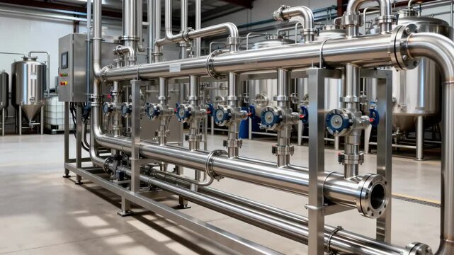 Medium shot of idle cleaninplace sanitary manifolds and piping highlighting stainless steel construction and organized chemical tanks under controlled conditions.