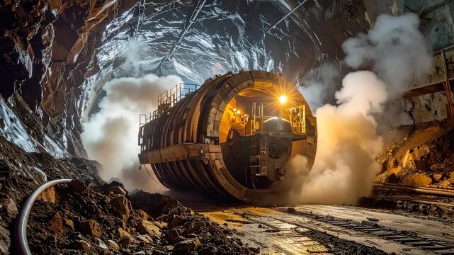 A large machine bores a tunnel through rock, illuminated by lights and smoke
