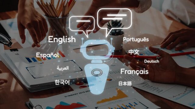 An illustration showcasing diverse hands engaging in multilingual communication, featuring language bubbles on business charts, symbolizing global teamwork and understanding. Raster