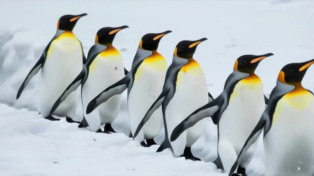A line of penguins with black heads, yellow necks, white bellies, and black flippers, in the snow