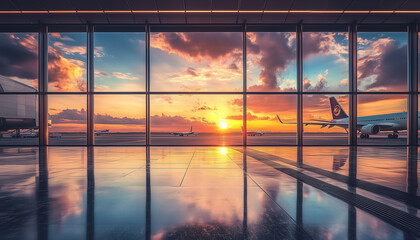 Fototapeta premium Bright Modern International Airport Terminal Interior with Airplanes at Sunset, Panoramic Windows and Vibrant Reflections, Travel Concept Background