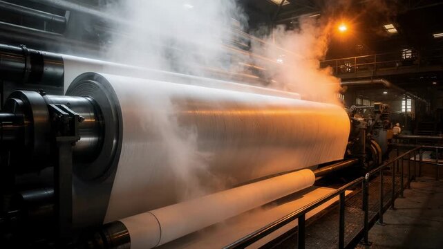 Medium shot of industrial paper drying cylinders shrouded in thick steam showcasing the intense moisture evaporation process as a continuous paper sheet moves through the factory