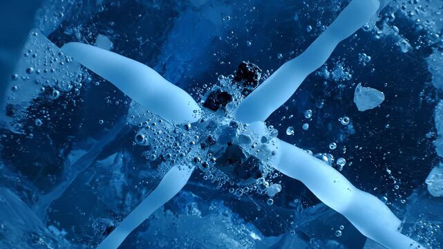 Close up of textured blue ice with trapped air bubbles and fractures creating abstract patterns of light and shadow in a cold environment