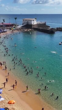 Barra Beach In Salvador In Bahia Brazil. Summer Landscape. Beach Scenery. Tropical Skyline. Barra Beach In Bahia Brazil. Nature Scene. Seascape Harbor.
