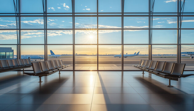 Modern Minimalist Airport Waiting Area with Airplane View, Bright Clean Travel Interior Background