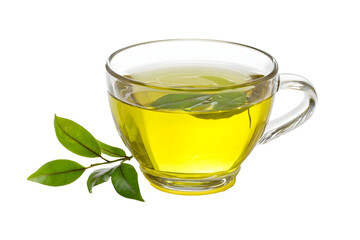 Cup of hot green tea isolated on white background