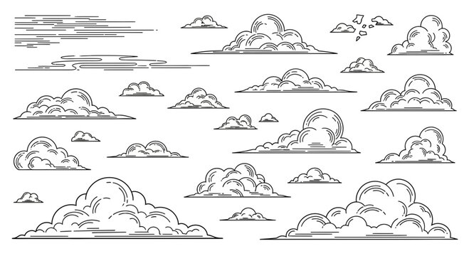 Hand-drawn clouds sketch, vintage sky elements, weather icons, graphic design resources