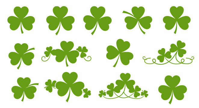  Flat shamrock icons set. Clover three and four leaves logo. Green floral symbol. St Patrick Day decoration for greeting card. Irish tradition motif, ornament element. Vector illustration EPS 10