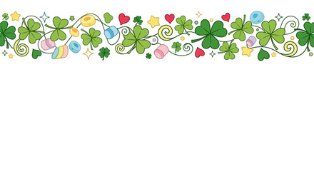 Fototapeta premium Shamrock or Leaf clover border with hearts shape, stars and sparkles on transparent background. Lucky charms curl shape. St. Patricks Day shamrock pattern. Vector banner