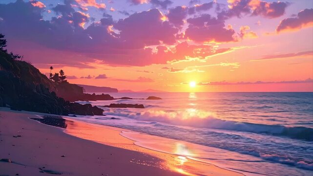 A serene beach scene at sunset with colorful clouds, ocean waves, and a rocky shoreline