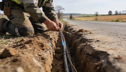 Medium shot of a technician laying fiber optic cable in a roadside trench main subject in sharp focus with blurred rural landscape background.
