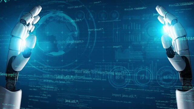 Robot hands extend towards a digital world filled with glowing elements and programming code, showcasing innovation and the future of artificial intelligence technology. Xenic