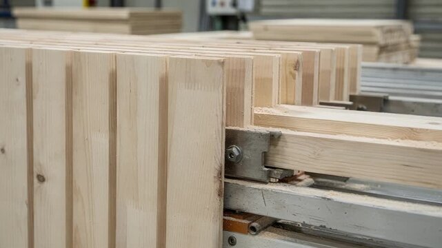 Medium shot of boardandbatten wood cladding processing focusing on thick battens and narrow boards being profiled for traditional layered facade applications.