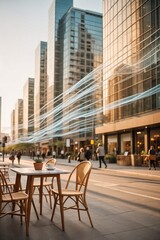 Fototapeta premium People move along a bustling street surrounded by tall buildings. Chairs and a table are placed outside a cafe. Evening light casts shadows on the sidewalk.