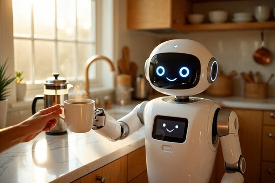 A robot hands a steaming cup of coffee to a person in a modern kitchen. Natural light comes through the windows. The kitchen has a simple design and green plants.