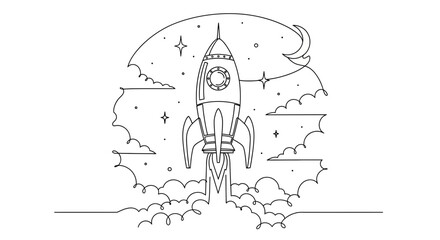 Rocket Launching into Space with Clouds and Stars, Line Art