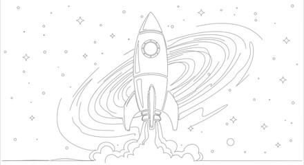 Rocket Launching into Space with Swirling Galaxy and Stars - Line Art Illustration