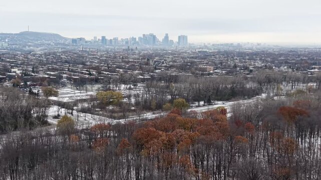 Aerial winter view of Montreal suburbs, snowy angrignon park and river near Lachine and Verdun under cloudy sky. g.