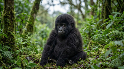 Fototapeta premium Young mountain gorilla sitting in dense tropical rainforest foliage