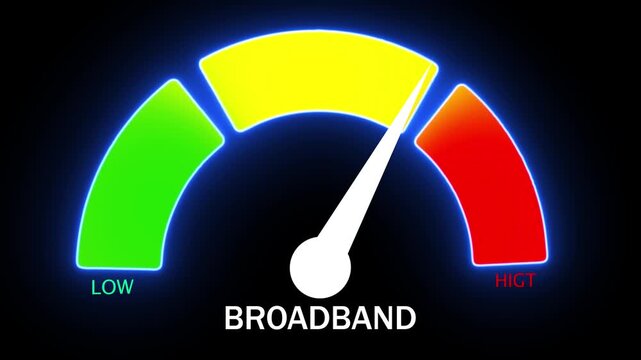 Broadband speed meter gauge with low medium indicator levels internet