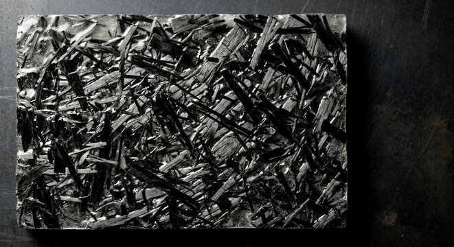 Macro top view of recycled aerospace carbon fiber composite texture with shredded black fibers in bio-resin. Industrial futuristic material background with copy space for text