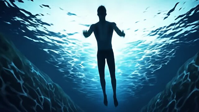 Person swimming underwater towards the light between two large structures
