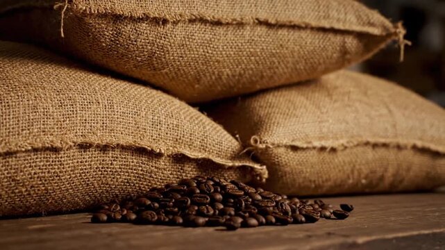 Coffee beans spilling from burlap sacks on a wooden surface