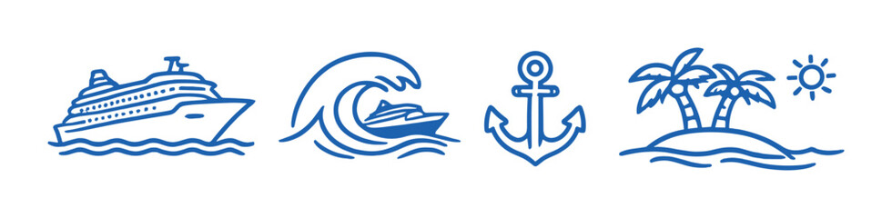 Cruise ship wave anchor and island icons on dark background