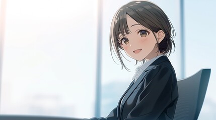オフィスで仕事をするアニメ調の日本人美少女