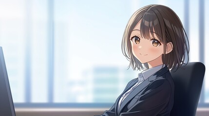 オフィスで仕事をするアニメ調の日本人美少女
