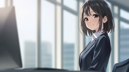 オフィスで仕事をするアニメ調の日本人美少女