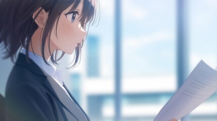 オフィスで仕事をするアニメ調の日本人美少女