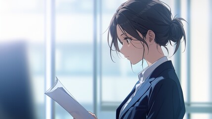 オフィスで仕事をするアニメ調の日本人美少女