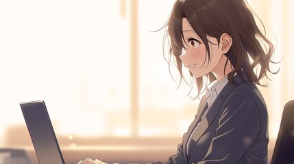 オフィスで仕事をするアニメ調の日本人美少女