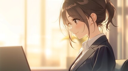 オフィスで仕事をするアニメ調の日本人美少女
