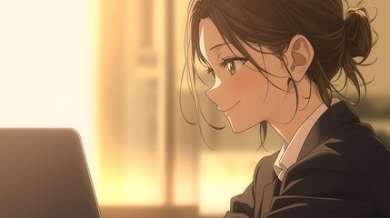 オフィスで仕事をするアニメ調の日本人美少女