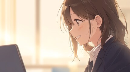 オフィスで仕事をするアニメ調の日本人美少女