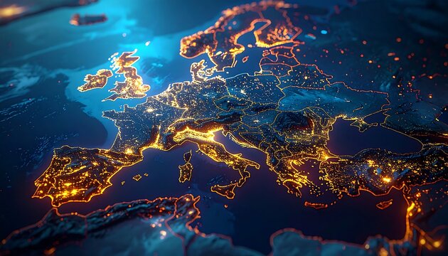 Night view of Europe illuminated from space showing city lights representing connectivity technology and civilization