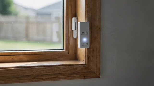 Medium shot of a wireless smart sensorequipped wood window frame focusing on its cordless setup and advanced motion detection features for enhanced home security.