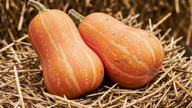 Two orange butternut squash on rustic hay in autumn