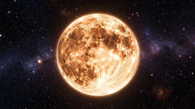 Glowing orange planet or moon in dark starry outer space