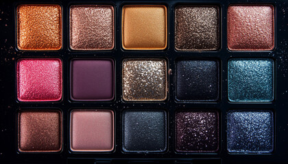 Fototapeta premium Luxury Shimmer and Matte Eyeshadow Palette in Glamorous Macro Lighting, Vibrant Beauty Makeup Advertising
