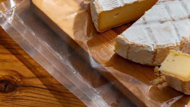 Medium shot of biodegradable clear cheese wrap showcasing transparency and ecofriendly packaging alternative for fresh cheese portions on wooden board.