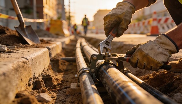 Focused view of hands securing telecom conduits in a city street excavation site showcasing detailed installation steps with construction site softly out of focus.