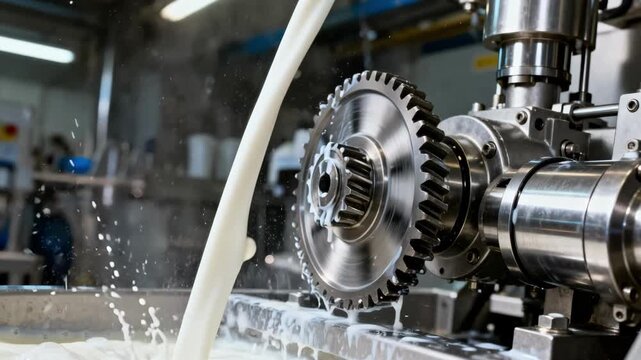 Industrial homogenizer midaction with visible milk spray and mechanical parts capturing the energy and precision in the fat globule breakdown process.