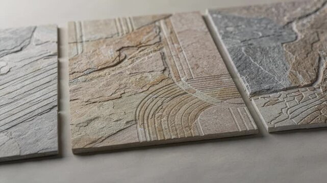 Medium shot of decorative press plates with linear embossed designs highlighting even repetitive textures that mimic natural stone surfaces with a contemporary feel.