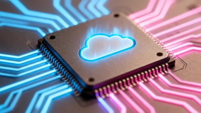 A glowing cloud icon on a powerful computer processor with neon pink and blue circuit lines.